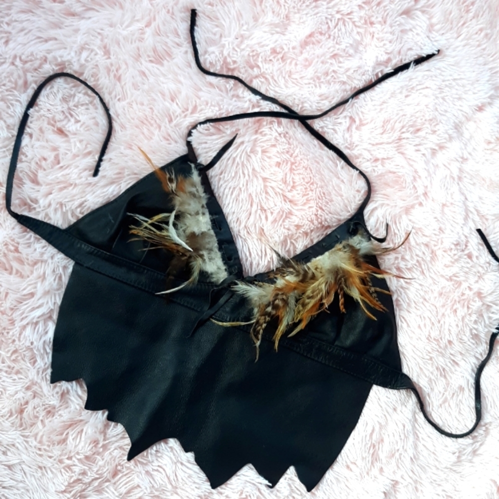 1970s VINTAGE real leather motorcycle babe clubbing crop top w feather accents